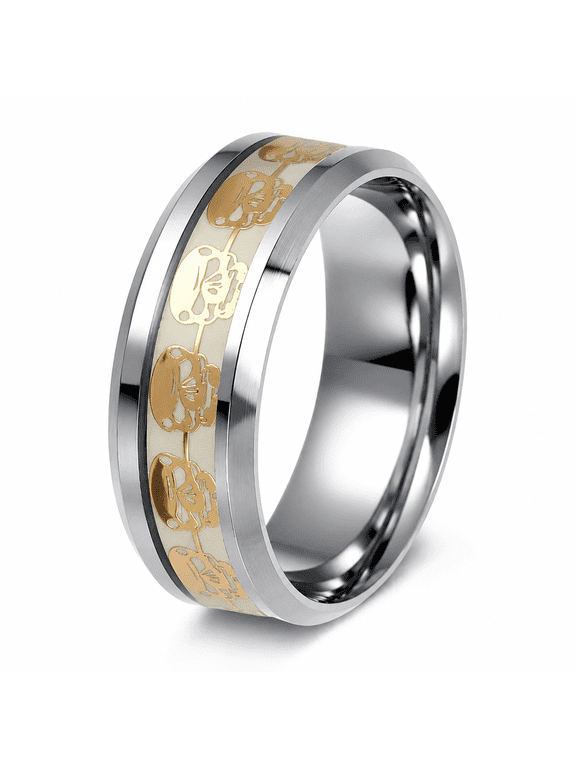 Men's Glow Skull Ring, Stainless Steel Gothic Band with Repeating Skull Motifs and Luminous Center, Sizes 6-13, for Biker Looks, Parties, Halloween and Gift for Him