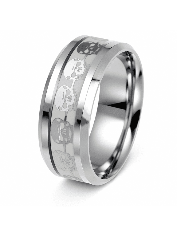 Men's Glow Skull Ring, Stainless Steel Gothic Band with Repeating Skull Motifs and Luminous Center, Sizes 6-13, for Biker Looks, Parties, Halloween and Gift for Him