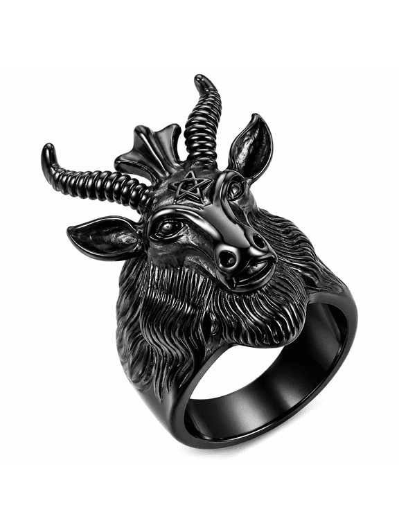 Men's Goat Head Ring, Stainless Steel Gothic Statement Ring with Curved Horns, Textured Beard, Sizes 7-14, for Concerts, Parties, Street Style and Gift for Him