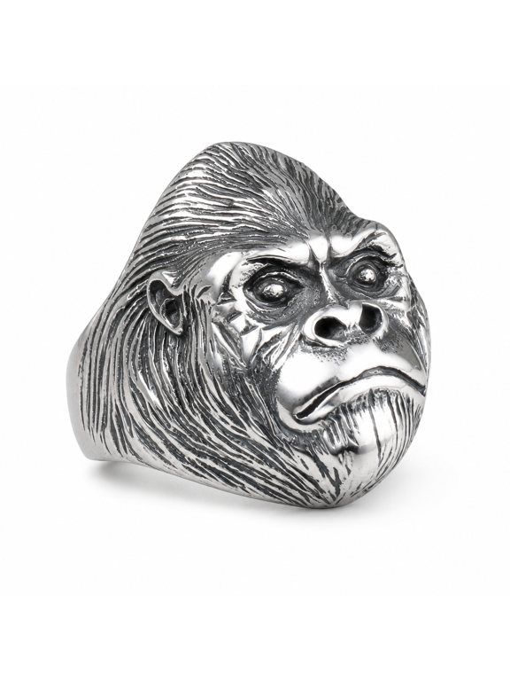 Men's Gorilla Face Ring, Stainless Steel Sculpted Gothic Animal Statement Ring, Sizes 7-13, Raised Facial Details, Biker Rock Style, Gift for Gorilla Fans