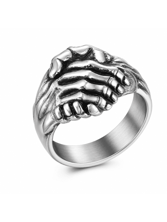 Men’s Handshake Ring, Stainless Steel Gothic Clasped Hands Statement Ring with Detailed Fingers, US Sizes 7–11, for Concerts, Parties and Streetwear, Friendship Gift for Him