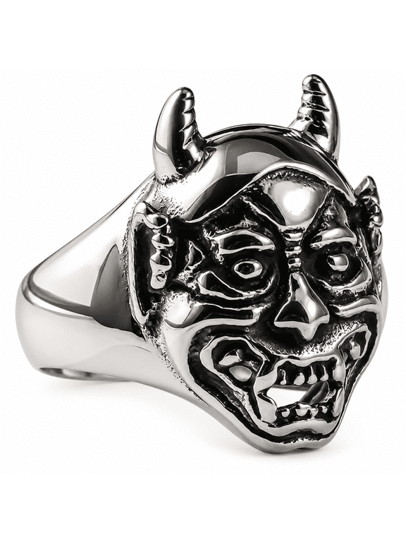 Men’s Horned Demon Face Ring, Stainless Steel Gothic Statement Ring, US 7–12, Gift for Him
