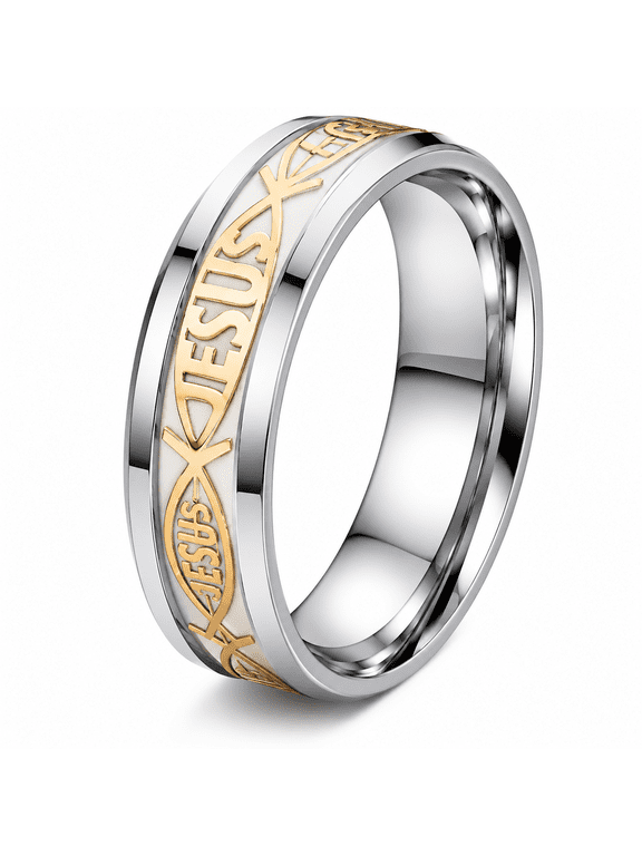Men's Jesus Fish Ring, Stainless Steel Glow Christian Band with Repeating Ichthys Motifs, Sizes 6-13, for Holidays, Daily Wear and Gift for Him