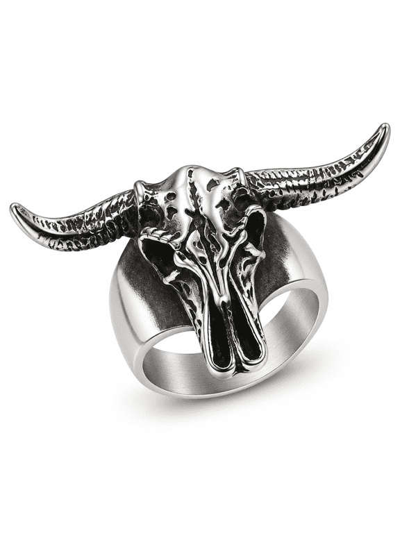 Men’s Longhorn Skull Ring, Stainless Steel Western Biker Statement Ring, US Sizes 7–13, Gift for Him