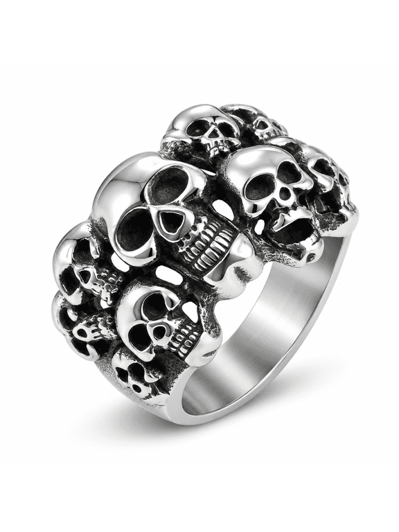 Men’s Multi Skull Ring, Stainless Steel Gothic Statement Ring, Raised Skull Cluster Details, US Sizes 7–13, Biker Style, Gift for Him