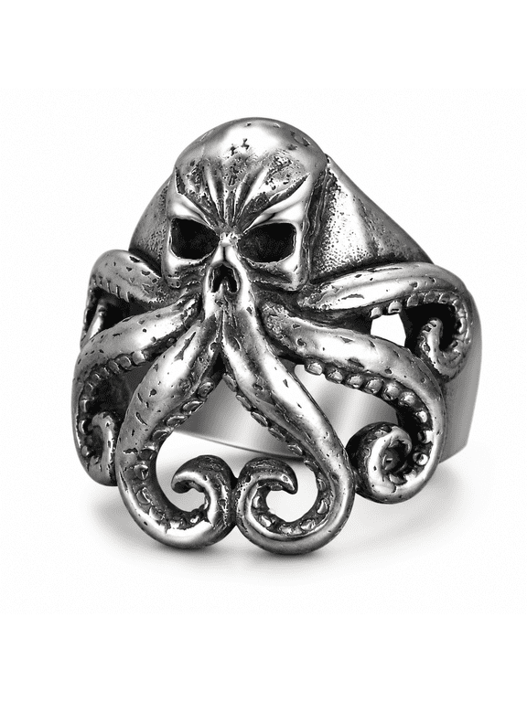 Men's Octopus Skull Ring, Stainless Steel Gothic Biker Statement Ring, US Sizes 7-15, Curled Tentacles and Suction-Cup Details for Concerts, Halloween and Weekend Looks, Gift for Him