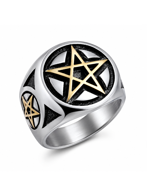 Men's Pentagram Star Signet Ring, Stainless Steel Gothic Biker Statement Ring with Five-Point Symbol Face and Matching Side Motifs, US Sizes 7-13, Punk Rock Style, Gift for Him