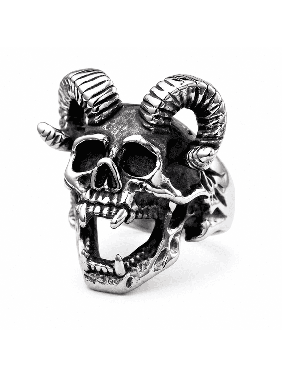 Men’s Ram Skull Ring, Stainless Steel Gothic Biker Statement Ring, Curled Horn Design, US Sizes 7–15, Gift for Him