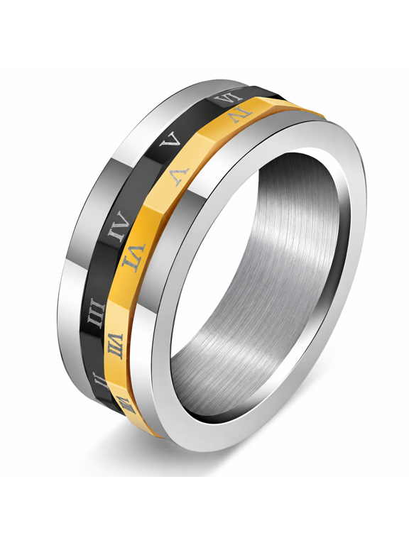 Men’s Rotating Calendar Spinner Ring, Stainless Steel Weekday Date Band with Roman Numeral Details for Daily Wear, Workday Styling, and Gift for Him