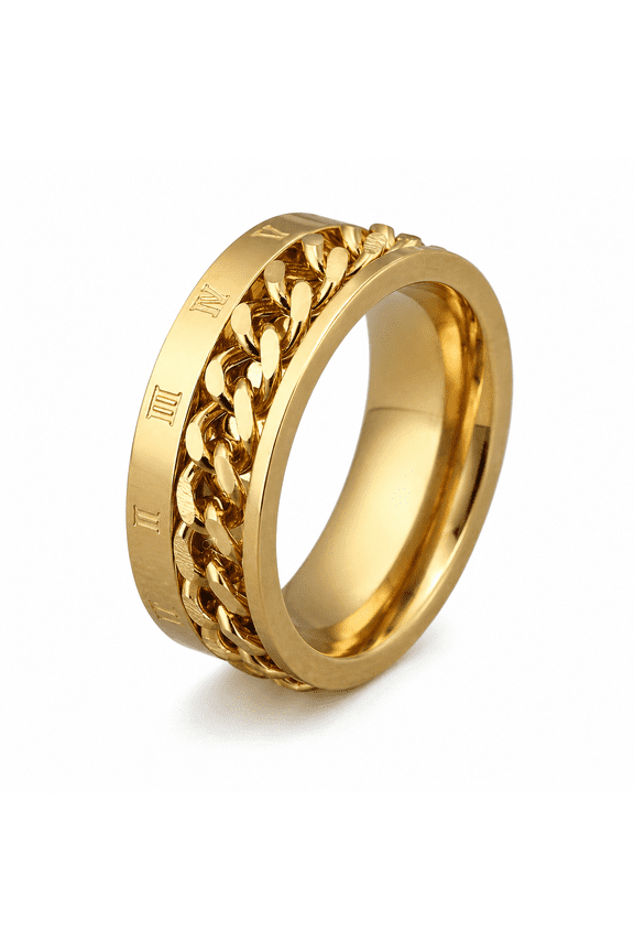 Men's Rotating Chain Ring, Stainless Steel Roman Numeral Spinner Band with Movable Center Chain, Sizes 7-11, for Street Style, Date Nights, Parties, Daily Wear and Gift for Him