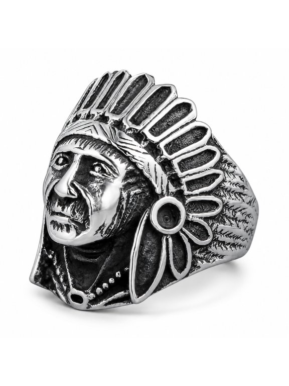 Men’s Sculpted Face Statement Ring, Stainless Steel Raised Portrait Ring with Wide Feather Crown Profile for Daily Styling and a Gift for Him