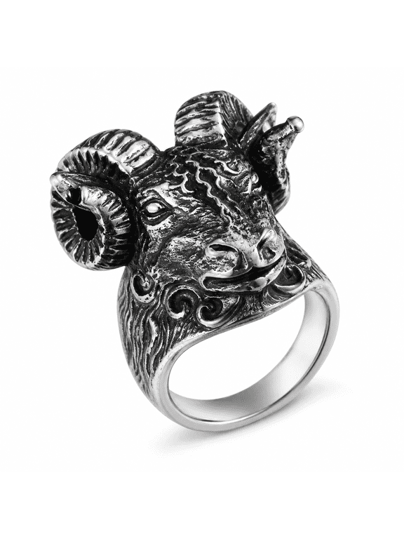 Men’s Sculpted Ram Head Ring, Stainless Steel Gothic Biker Statement Ring with Curled Horn Details, US Sizes 7–13 for Concerts, Parties and Halloween Styling, Gift for Him