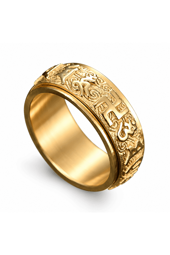 Men's Six-Syllable Mantra Spinner Ring, Stainless Steel Rotating Band with Cloud Pattern, US Sizes 7-12, Casual Wear, Meditation-Inspired Style, Vintage Streetwear, Gift for Him