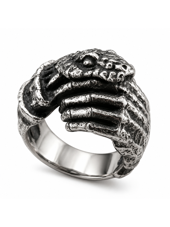 Men's Skeleton Hand Snake Head Ring, Stainless Steel Gothic Statement Ring with Raised Finger Details, Dark Sculptural Design, Biker Punk Rocker Style, US Sizes 7-13, Gift for Him