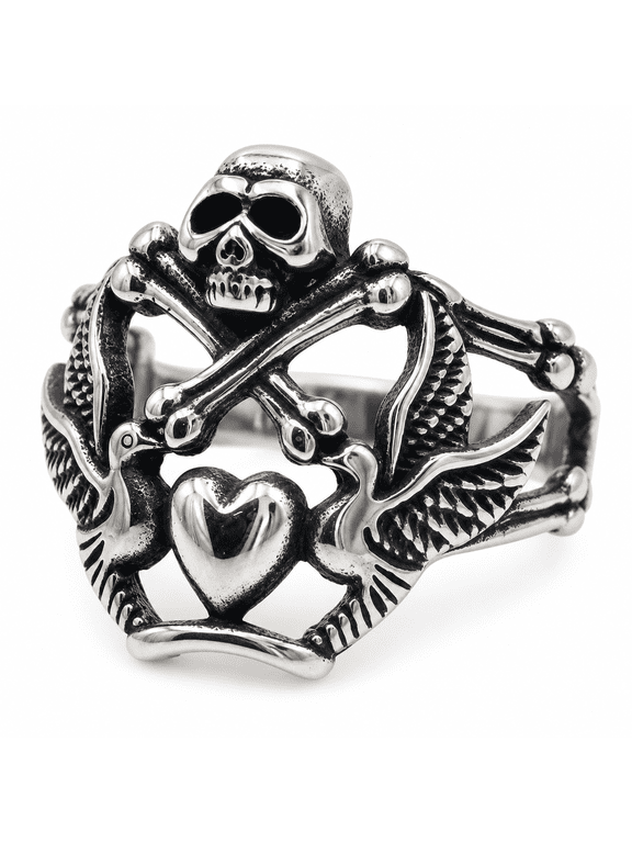 Men’s Skull Crossbones Ring, Stainless Steel Gothic Biker Ring, US Sizes 7–13, Birthday Gift for Him