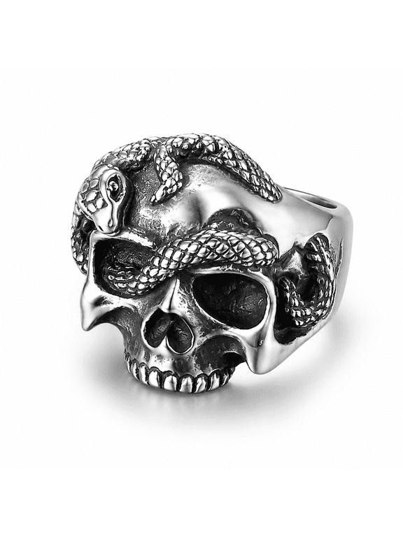 Men's Skull Snake Ring, Stainless Steel Gothic Biker Statement Ring, US Sizes 8-12, Raised Scale Details for Concerts, Halloween and Weekend Looks, Gift for Him