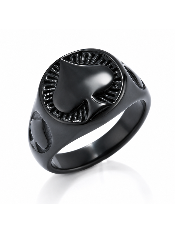 Men's Spade Signet Ring, Stainless Steel Statement Ring with Textured Wide Band, Poker Inspired Design, Sizes 7-13, for Casual Looks, Holidays, Graduations, Gift for Him