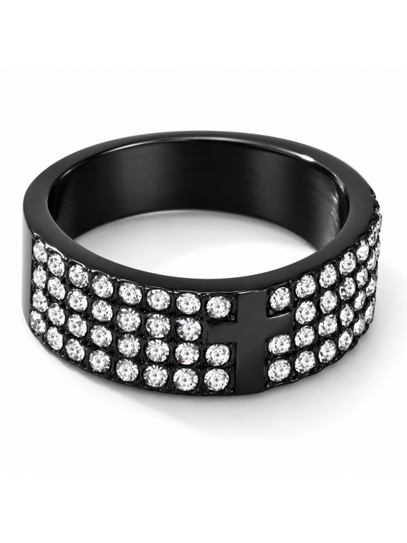 Men’s Stainless Steel Cross Ring, Multi-Row Clear Accent Statement Band with Broad Front Profile, US Sizes 7-12, Bold Style, Gift for Him
