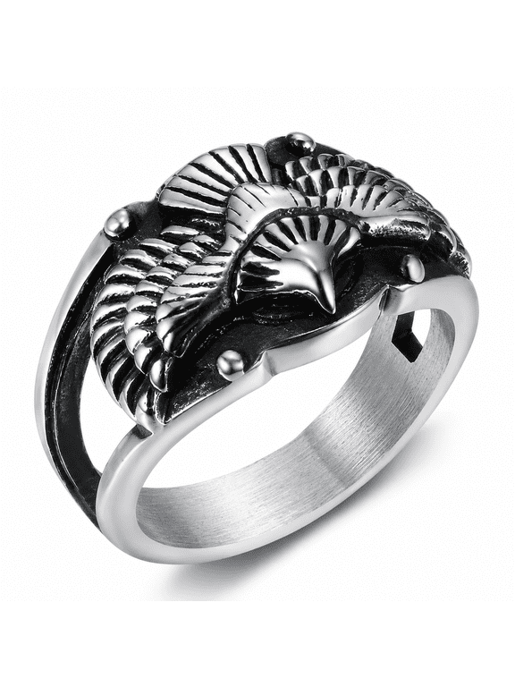 Men's Stainless Steel Eagle Ring with Raised Eagle Head and Spread Wing Details, Vintage Biker Animal Statement Style, US Sizes 7-11 for Casual Wear, Concerts and Gift for Him