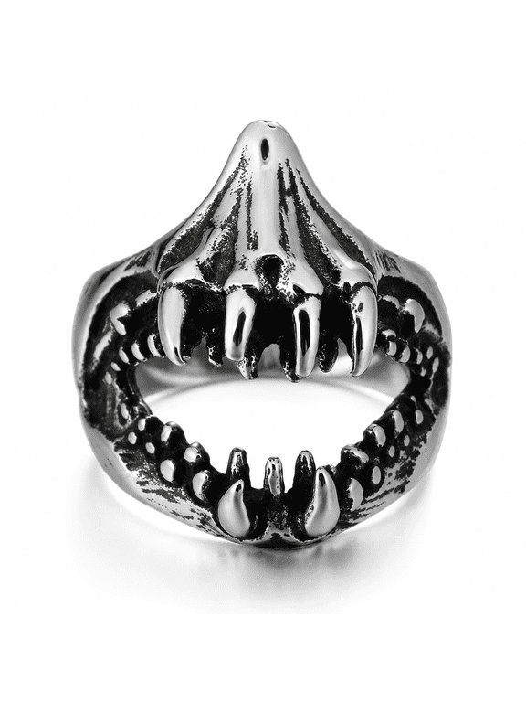 Men's Stainless Steel Fang Ring with Multiple Raised Teeth and Open Jaw Design, Gothic Fantasy Statement Style, US Sizes 7-13 for Concerts, Parties, Halloween Looks and Gift for Him