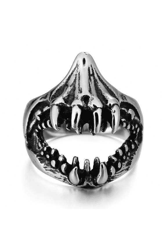 Men's Stainless Steel Fang Ring with Multiple Raised Teeth and Open Jaw Design, Gothic Fantasy Statement Style, US Sizes 7-13 for Concerts, Parties, Halloween Looks and Gift for Him