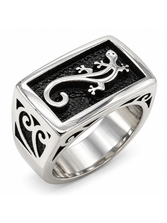 Men's Stainless Steel Gecko Signet Ring, Raised Lizard Design, US Sizes 7-12, Birthday Gift for Him