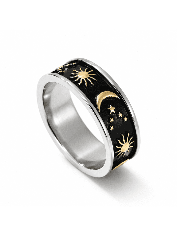Men's Sun Moon Star Ring, Stainless Steel Celestial Vintage Fashion Band, Dark Contrast Motifs, US Sizes 7-12 for Casual Streetwear, Party and Daily Wear, Birthday or Graduation Gift for Him