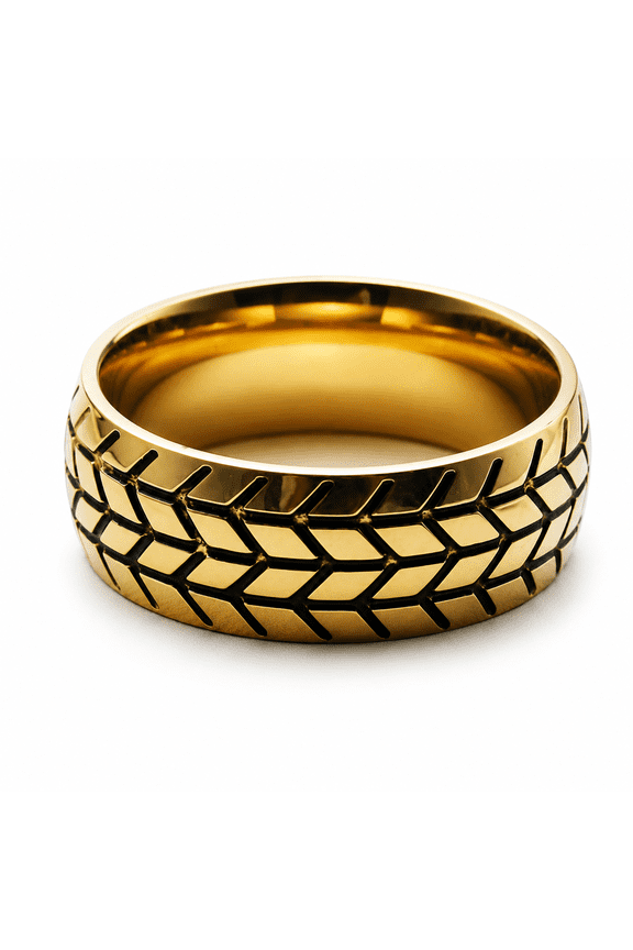 Men's Tire Tread Ring, Stainless Steel Textured Wide Band Ring, 8 mm Automotive Biker Style, US Sizes 7-13, Dark Recessed Pattern, Mechanical Look, Daily Wear, Birthday Gift for Him