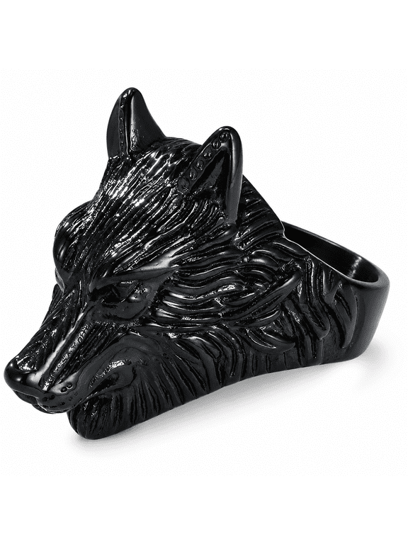 Men's Wolf Head Ring, Stainless Steel Sculpted Statement Ring, Layered Metal Texture, US Sizes 7-13 for Biker, Rock and Casual Streetwear Style