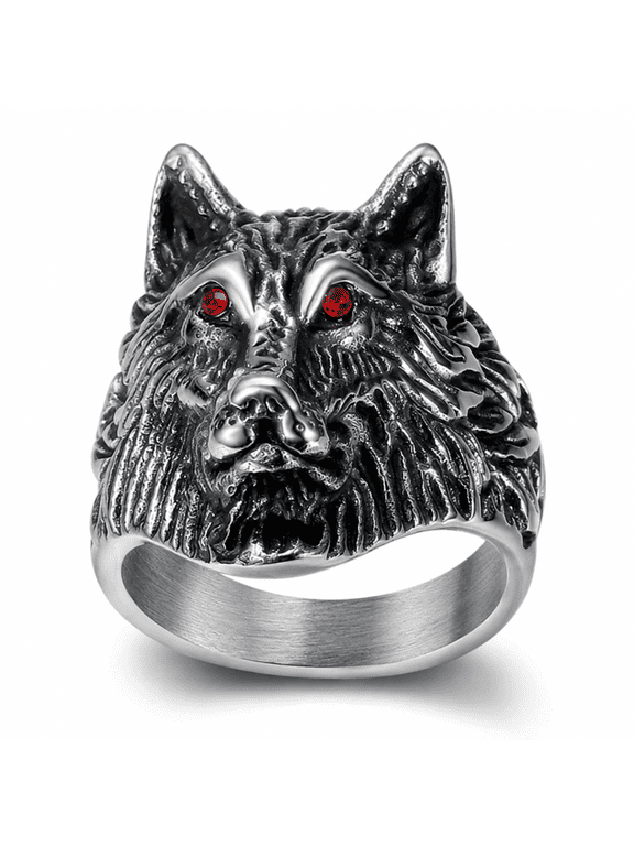 Men's Wolf Head Ring, Stainless Steel Gothic Biker Statement Ring, Detailed Fur Texture, US Sizes 7-15, Punk Rock Style, Birthday Gift for Him