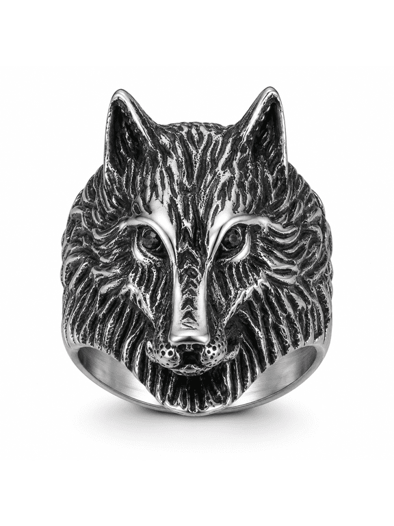 Men's Wolf Head Ring, Stainless Steel Gothic Biker Statement Ring, Detailed Fur Texture, US Sizes 7-15, Punk Rock Style, Birthday Gift for Him