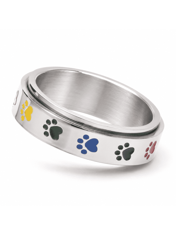 Unisex Colorful Paw Print Spinner Ring, Stainless Steel Rotating Band, US Sizes 5-12, Outer Layer Spinning Design, Gift for Pet Lovers