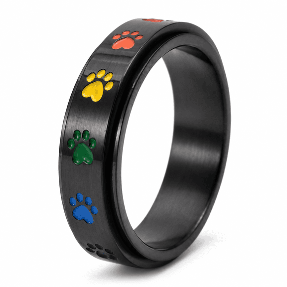 SADELU Unisex Colorful Paw Print Spinner Ring, Stainless Steel Rotating Band, US Sizes 5-12, Outer Layer Spinning Design, Gift for Pet Lovers