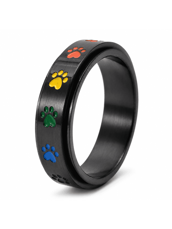 Unisex Colorful Paw Print Spinner Ring, Stainless Steel Rotating Band, US Sizes 5-12, Outer Layer Spinning Design, Gift for Pet Lovers