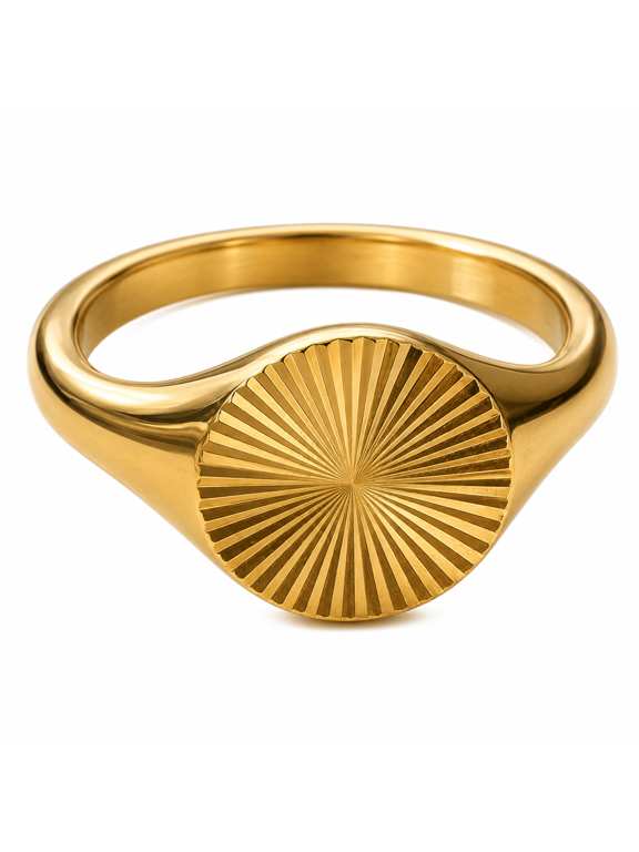 Unisex's Sunburst Signet Ring, Stainless Steel Statement Ring with Raised Round Face and Radiating Texture Design, Minimalist Style for Daily Wear, US Sizes 5-12 and Gift for Him or her
