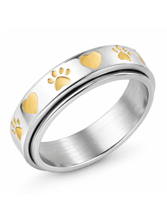 Women's Paw Print Spinner Ring, Stainless Steel 6mm Rotating Fidget Band, US Sizes 5-10, Heart Pattern, Pet Lover Gift for Her for Birthdays, Graduation and Holidays