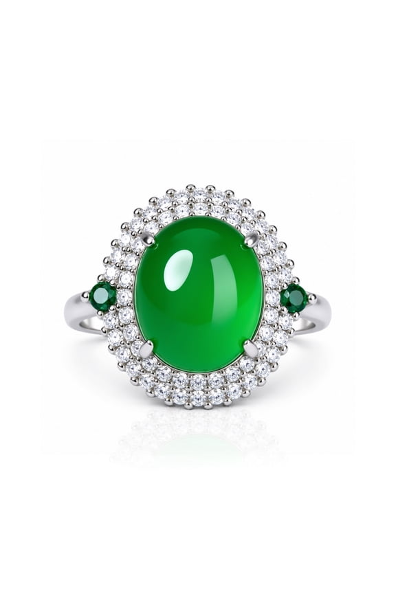 Emerald Rings for Women, Double Halo Oval Green Rings Cut Emerald Gemstones, Emerald Accent Cocktail Ring, Non Tarnish Rings for Women, Adjustable for US 5-9