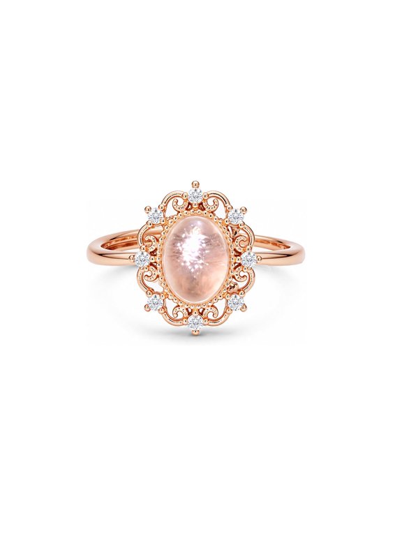 Vintage Victorian Oval Cabochon Rose Ring, 925 Sterling Silver Plated Open Resizable Band, Halo Round Cubic Zirconia Filigree Statement Ring, Pink Crystal Birthstone Jewelry Gift