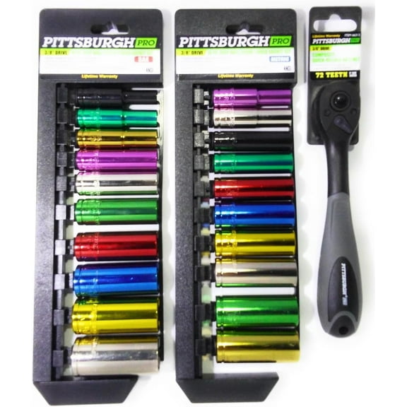SAE/METRIC Deep Wall Color Coded Socket Sets With Composite Ratchet BUNDLE (3/8")