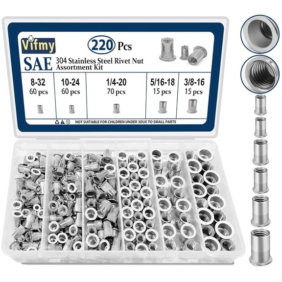 SAE Rivet Nut Assortment Kit(220 Pcs),#8-32#10-24 1/4"-20 5/16"-18 3/8"-16 304 Stainless Steel Flat Head Rivnut Set,Rivnut Threaded Insert Nut