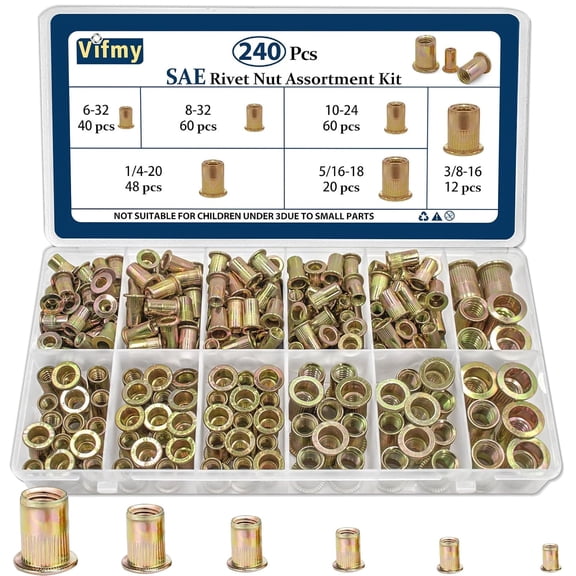 SAE Rivet Nut Assortment Kit(240Pcs), #6-32#8-32#10-24 1/4"-20 5/16"-18 3/8"-16 UNC Rivnut Threaded Insert Nut Set, Zinc Plated Finish Carbon Steel Nutsert
