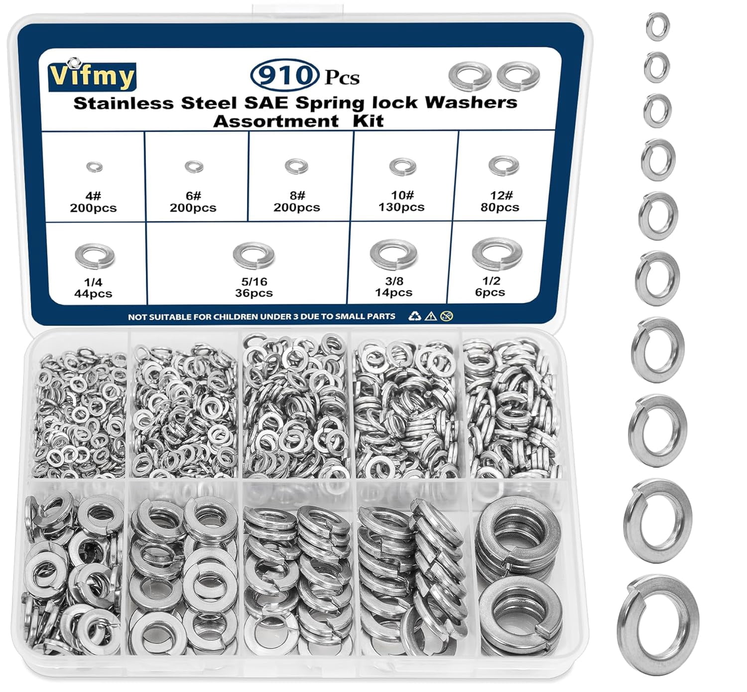 SAE Spring Lock Washers Assortment Kit(910 Pack), #4#6#8#10#12 1/4" 5/ ...