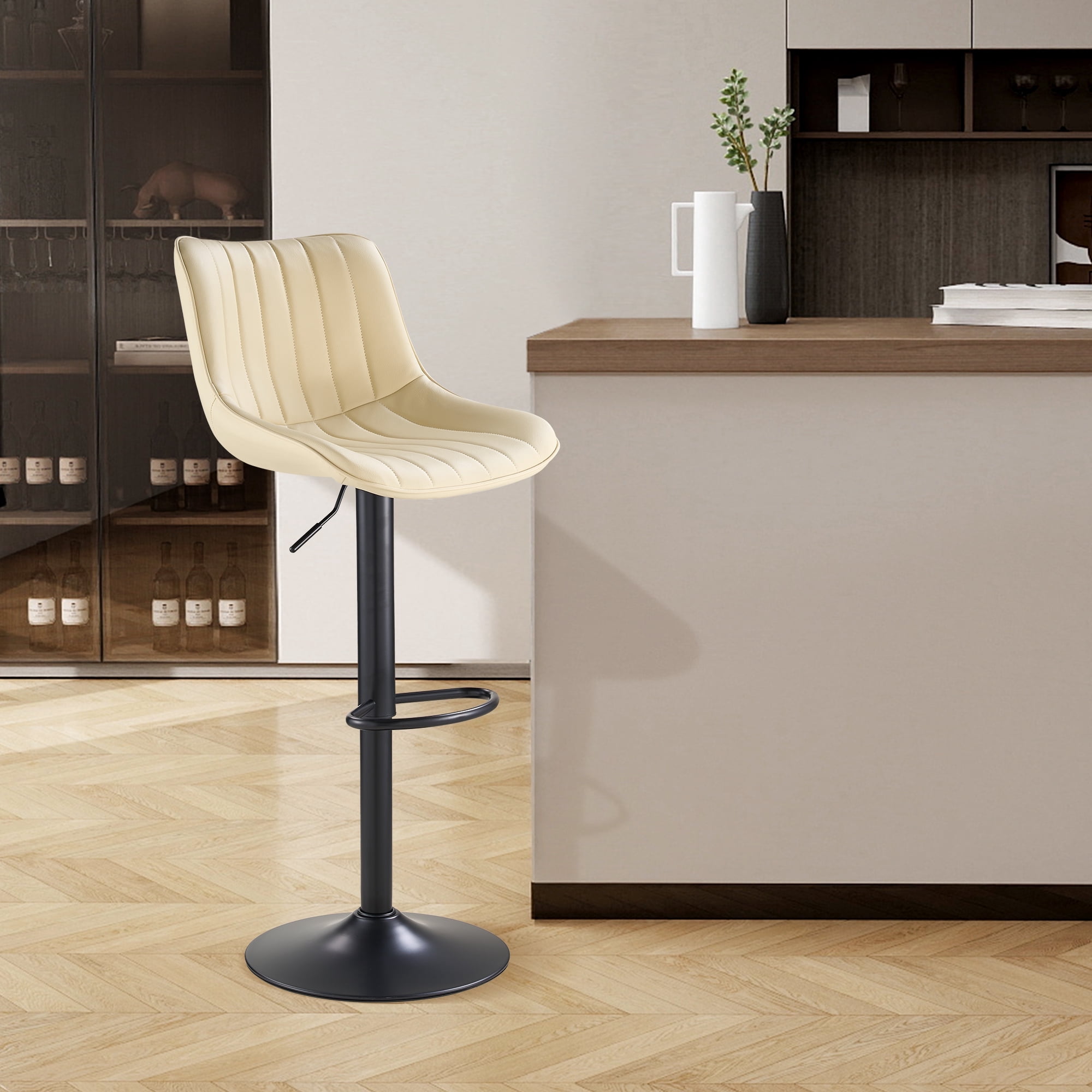 SAETSFEG Bar Stools, Adjustable Swivel Counter Height Bar Stool with Footrest, Modern PU Leather Bar Chairs for Kitchen Island, Dining Room, Beige