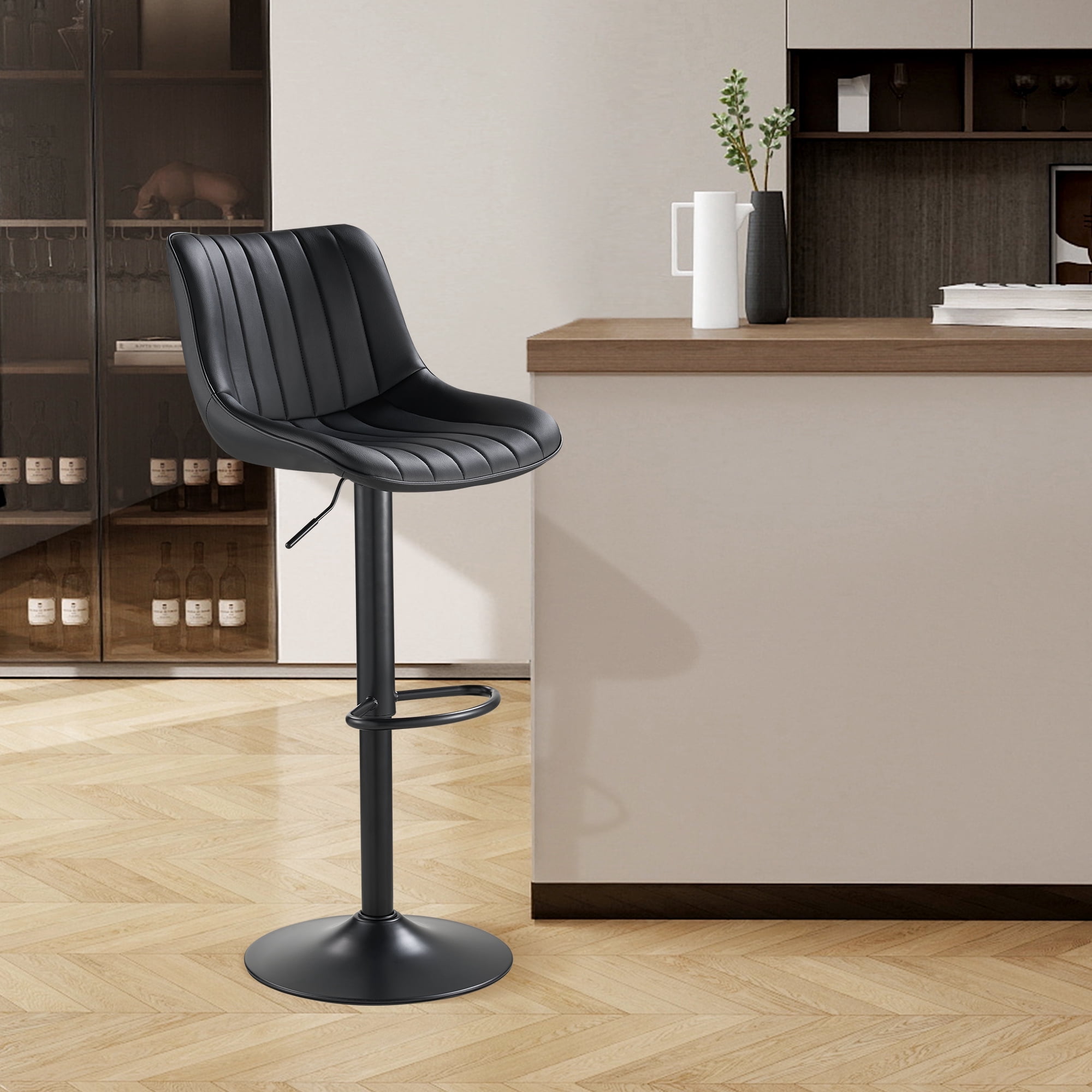 SAETSFEG Bar Stools, Adjustable Swivel Counter Height Bar Stool with Footrest, Modern PU Leather Bar Chairs for Kitchen Island, Dining Room, Black