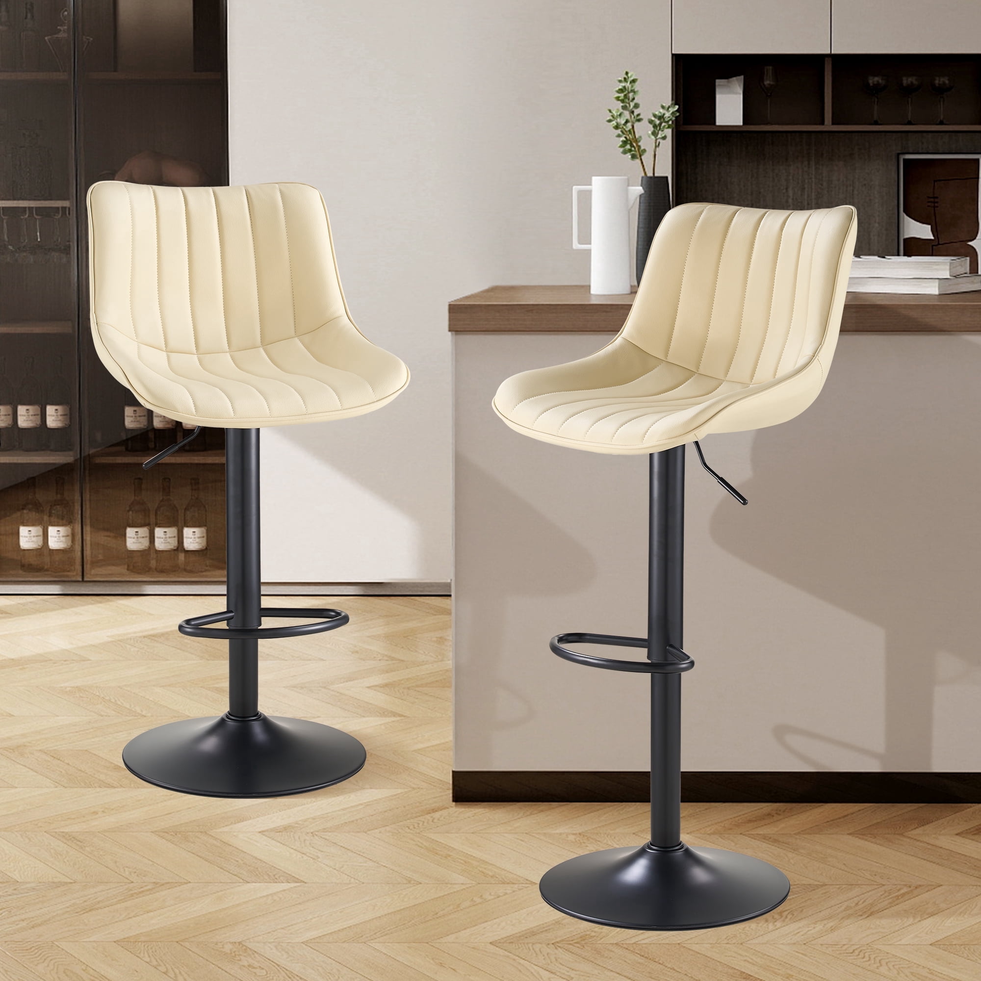 SAETSFEG Bar Stools Set of 2, Adjustable Swivel Counter Height Bar Stool with Footrest, Modern PU Leather Bar Chairs for Kitchen Island, Dining Room, Beige