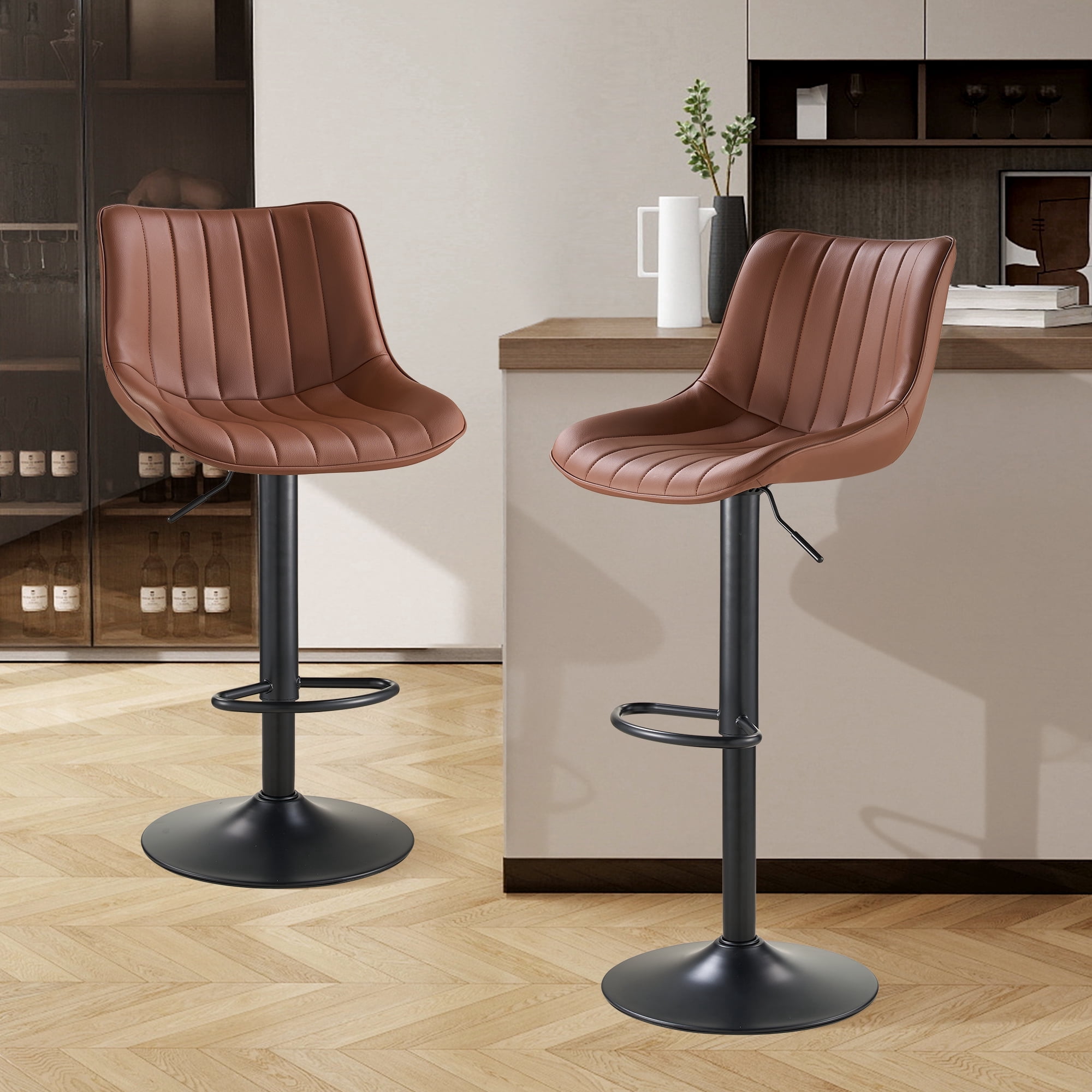 SAETSFEG Bar Stools Set of 2, Adjustable Swivel Counter Height Bar Stool with Footrest, Modern PU Leather Bar Chairs for Kitchen Island, Dining Room, Brown