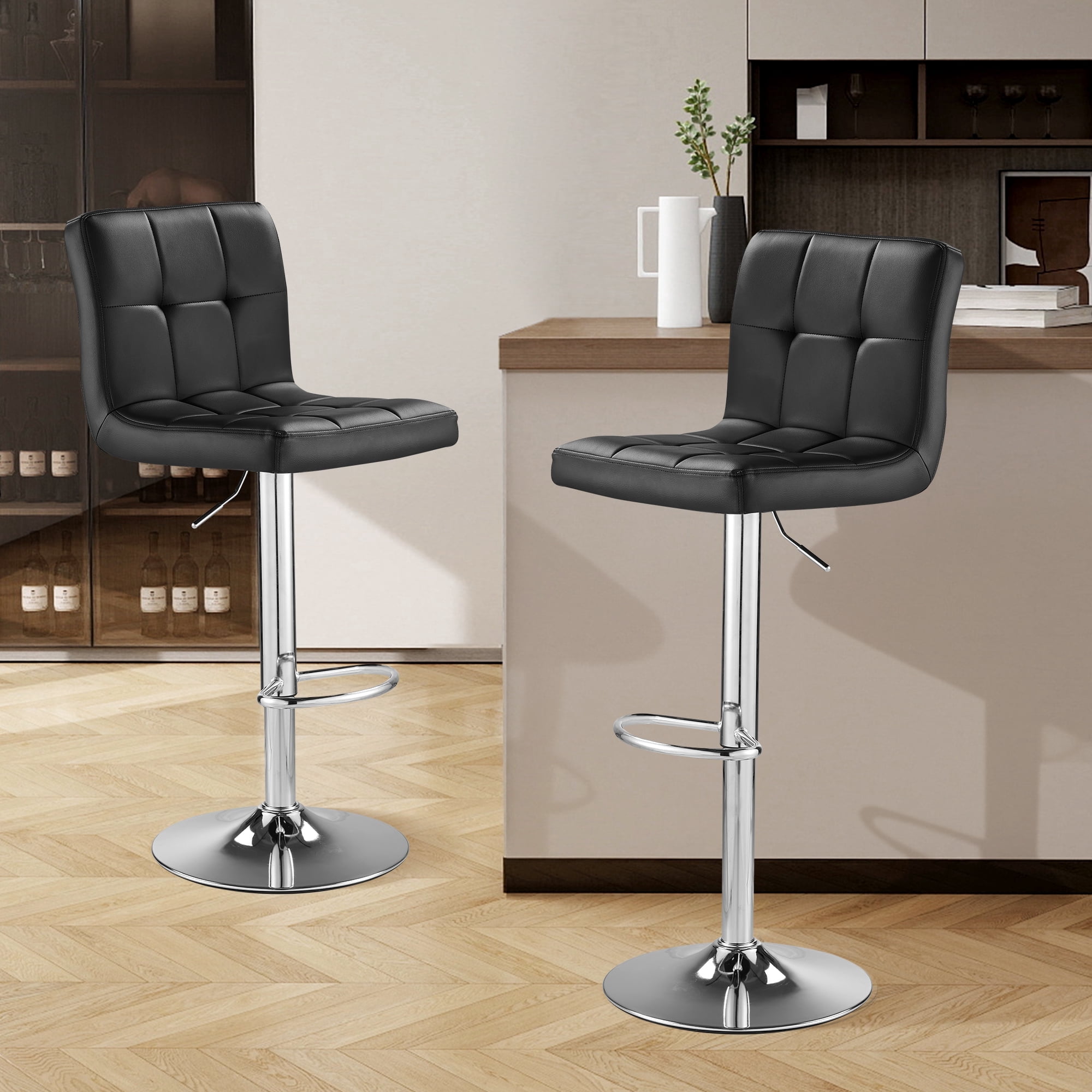 SAETSFEG Bar Stools Set of 2, Thickened Seat Cushion Adjustable Swivel Bar Stool with Backrest, Counter Height PU Leather Bar Chairs for Kitchen Island, Dining Room, Black-A