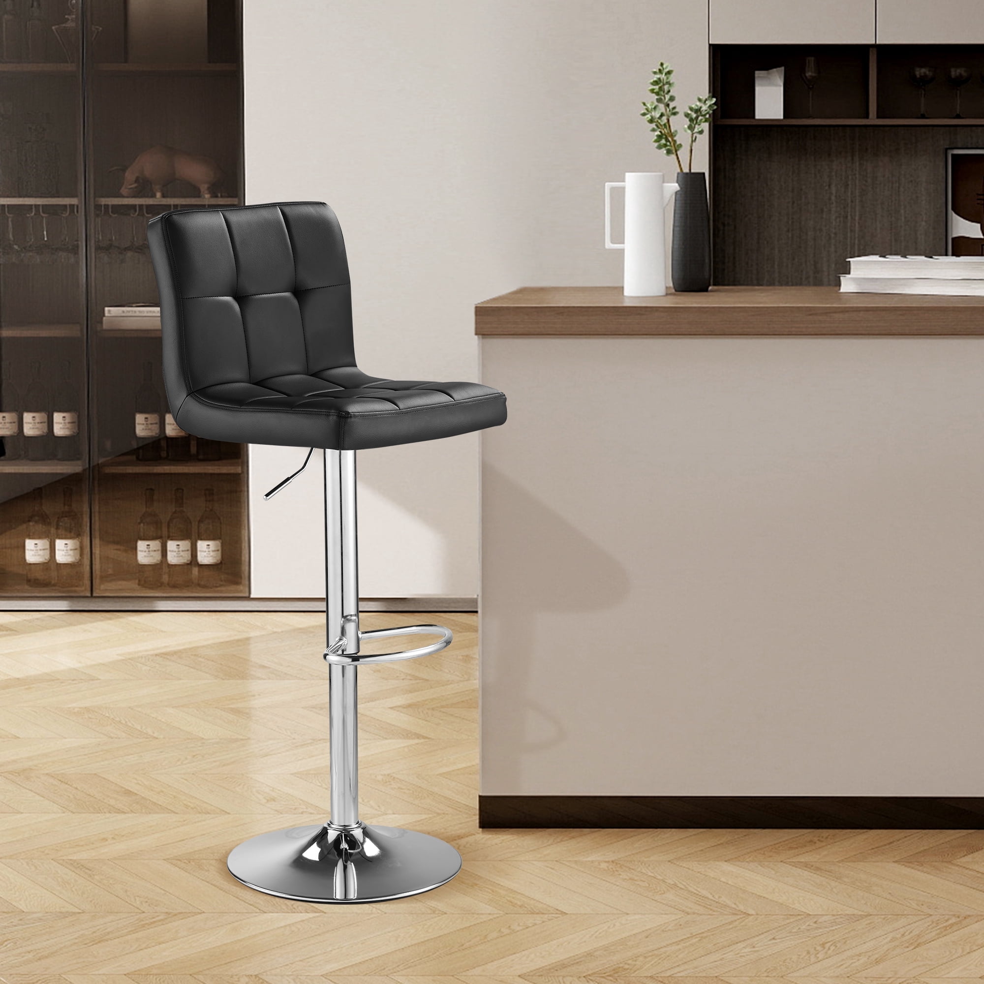 SAETSFEG Bar Stools, Thickened Seat Cushion Adjustable Swivel Bar Stool with Backrest, Counter Height PU Leather Bar Chairs for Kitchen Island, Dining Room, Black