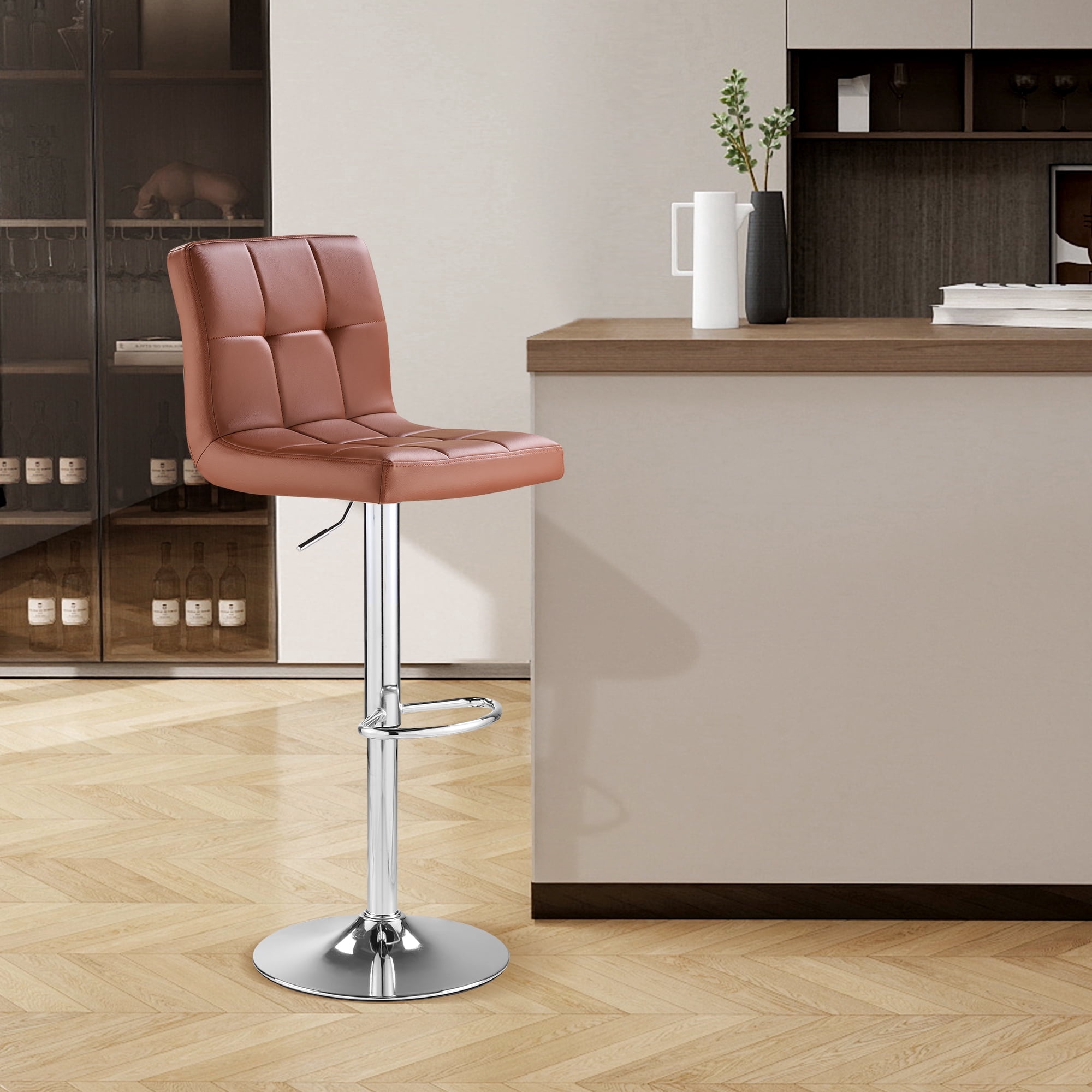 SAETSFEG Bar Stools, Thickened Seat Cushion Adjustable Swivel Bar Stool with Backrest, Counter Height PU Leather Bar Chairs for Kitchen Island, Dining Room, Brown
