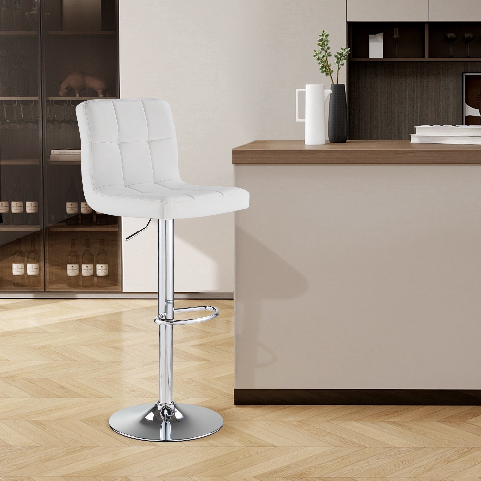 SAETSFEG Bar Stools, Thickened Seat Cushion Adjustable Swivel Bar Stool with Backrest, Counter Height PU Leather Bar Chairs for Kitchen Island, Dining Room, White